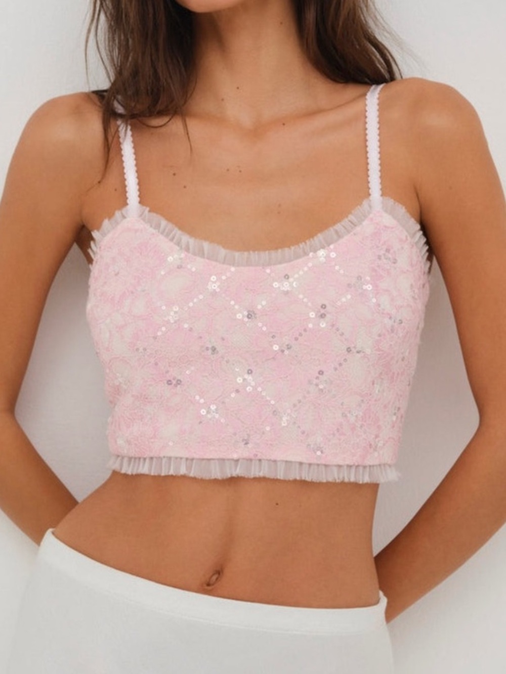 For Love & Lemons Isabeau Sequin Ruffle Crop Bra Sleep Top Light Pink Large NEW